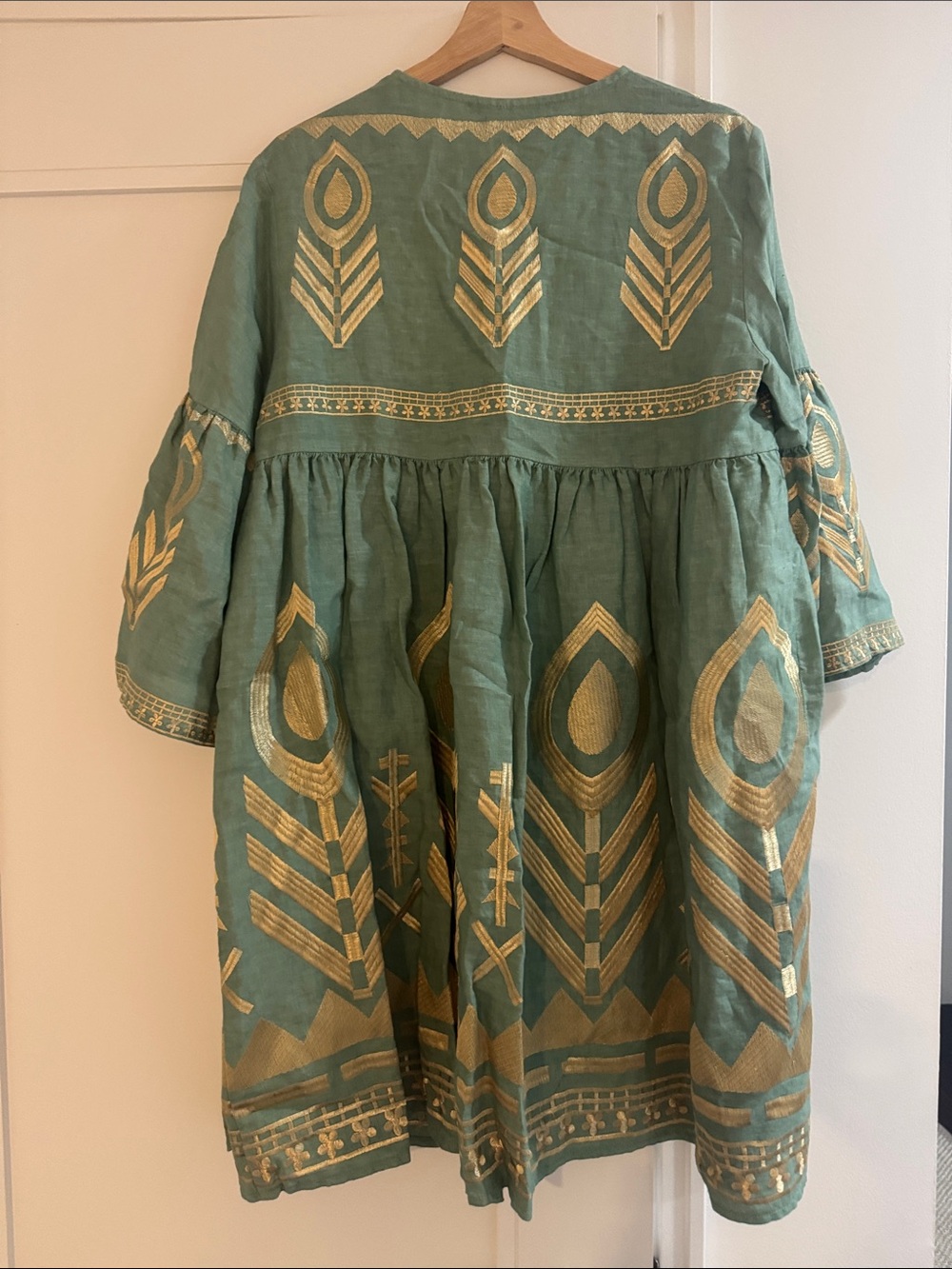 Greek Archaic Kori Light Teal Embroidered Midi Dress with Gold Motif - Picture 4 of 4